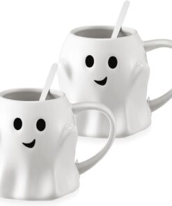2 Sets Halloween Ghost Coffee Mug White Cute Ceramic Ghost Pattern Cups with Handle Spoon Halloween Accessories for Coffee Milk Tea Birthday Gifts