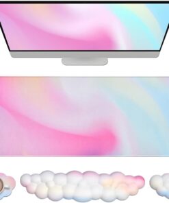 JIKIOU Large Cloud Mouse Pad Waterproof with Cloud Keyboard Wrist Pad and Cloud Mouse Wrist Pad Set, Ergonomic Computer Desk Wrist Support Mousepad for Keyboard and Mouse Rainbow 31.5x11.8in