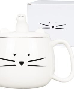 Koolkatkoo Unique Cat Coffee Mug with Lid for Cat Lover Cute Ceramic Tea Mugs with Holder for Cell Phone Porcelain Cup Gift for Women White