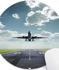 7AN.M. Airplane Taking Off from a Runway 7.9-Inch Round Mouse Pad, Anti-Slip Natural Rubber Base & Smooth Fabric Surface Circular Mat