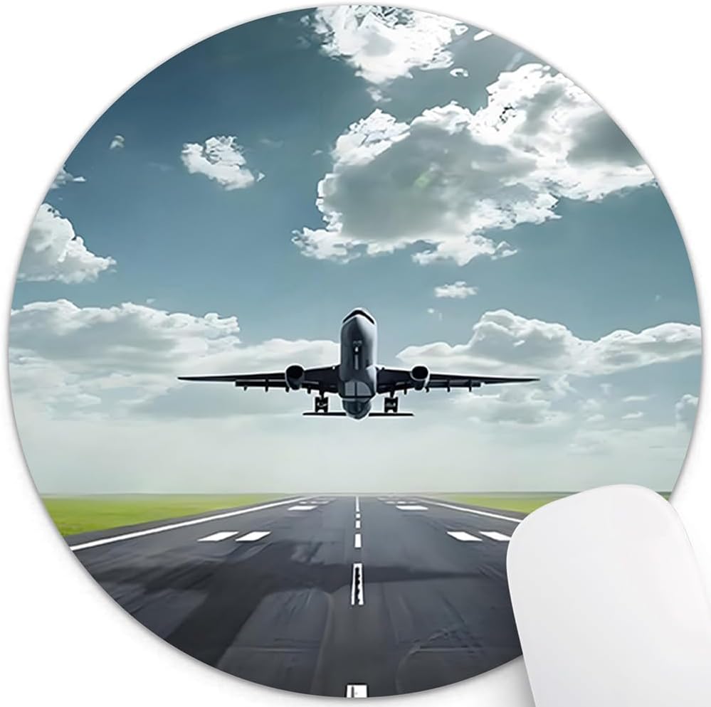7AN.M. Airplane Taking Off from a Runway 7.9-Inch Round Mouse Pad, Anti-Slip Natural Rubber Base & Smooth Fabric Surface Circular Mat
