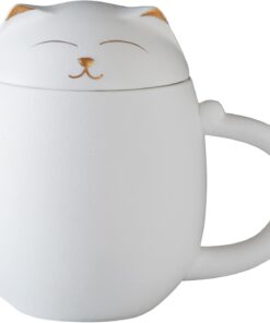 HEER Cat Tea Cup with Infuser and Lid, Cute Tea Mug with Strainer for Steeping Loose Leaf, Ceramic Teacup Birthday Christmas Cat Lover Gifts for Women, Men, Mom, Sisters, besties. (White)