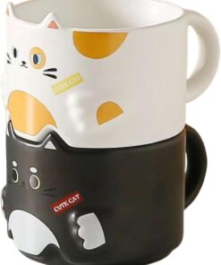 Cat Mug Set of 2, Stackable Ceramic Coffee Mugs, Perfect Gifts for Housewarming, Party, Christmas, and Cat Lovers, 10 oz, Black and White