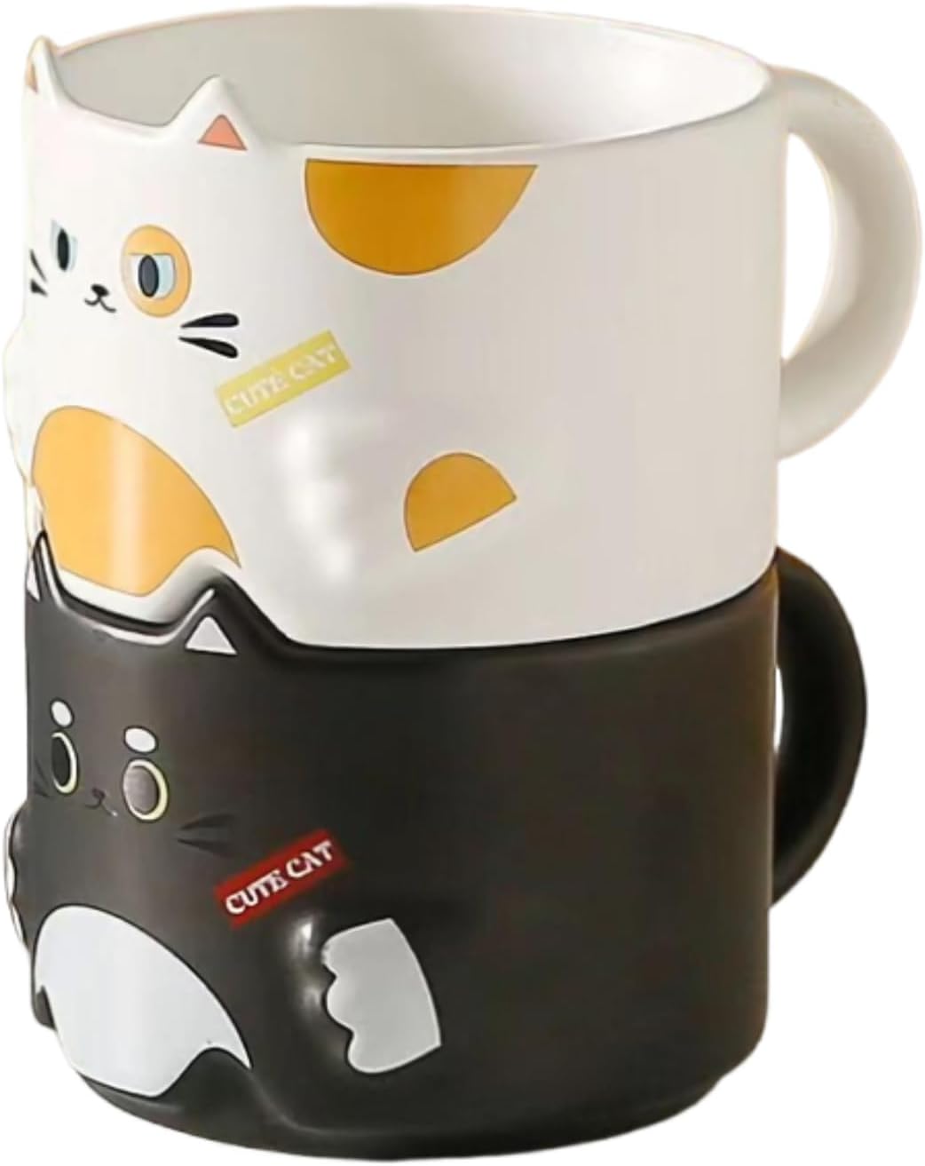 Cat Mug Set of 2, Stackable Ceramic Coffee Mugs, Perfect Gifts for Housewarming, Party, Christmas, and Cat Lovers, 10 oz, Black and White