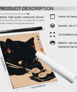 Alternative view of Heltrappe Japanese Cute Black Cat Animal Canvas Poster Delicious Food Sushi Wall Art Vintage Unique Aesthetic Prints for Kitchen Dining Room Wall Decor 12x16 inch Unframed