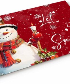 Christmas Red Doormat 16 x 24 Inch Cartoon Cute Snowman Welcome Entryway Rugs Let It Snow Front Door Mat Winter Red Style Absorbent Non-Slip Floor Mats for Kitchen Bedroom Bathroom