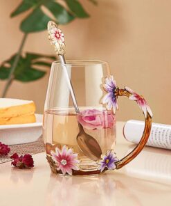 Alternative view of Luka Tech Enamel flower Lead-free Glass Coffee Mugs Tea Cup with Steel Spoon, Best Birthday Gifts For Women Wife Mom Friends Mothers Valentines Day Christmas (Purple-Tall)