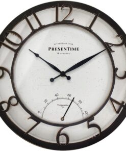 Presentime & Co 13" Farmhouse Outdoor Wall Clock w/Outdoor Thermometer, Cottage Style, Raised 3D Arabic Numerals, Oil Rubbed Bronze Finish (Wall Clock for Patio, Cottage, Poolside, Garden Spaces)