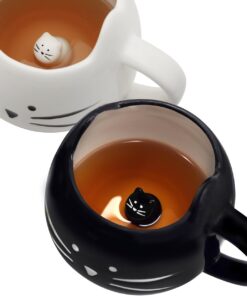 Koolkatkoo Cute Cat Coffee Mug Set for Girls Women Ceramic Kitty Tea Couple Mugs for Cat Lovers 12 oz Meow Cup Black and White