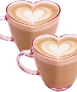 4 Pcs Valentine Heart Shaped Glass Coffee Mugs 17oz Pink Clear Glass Cups with Handle for Coffee, Tea, Latte, Hot Chocolate, Romantic Heart Mug for Valentine's Day, Anniversary, Wedding Gift