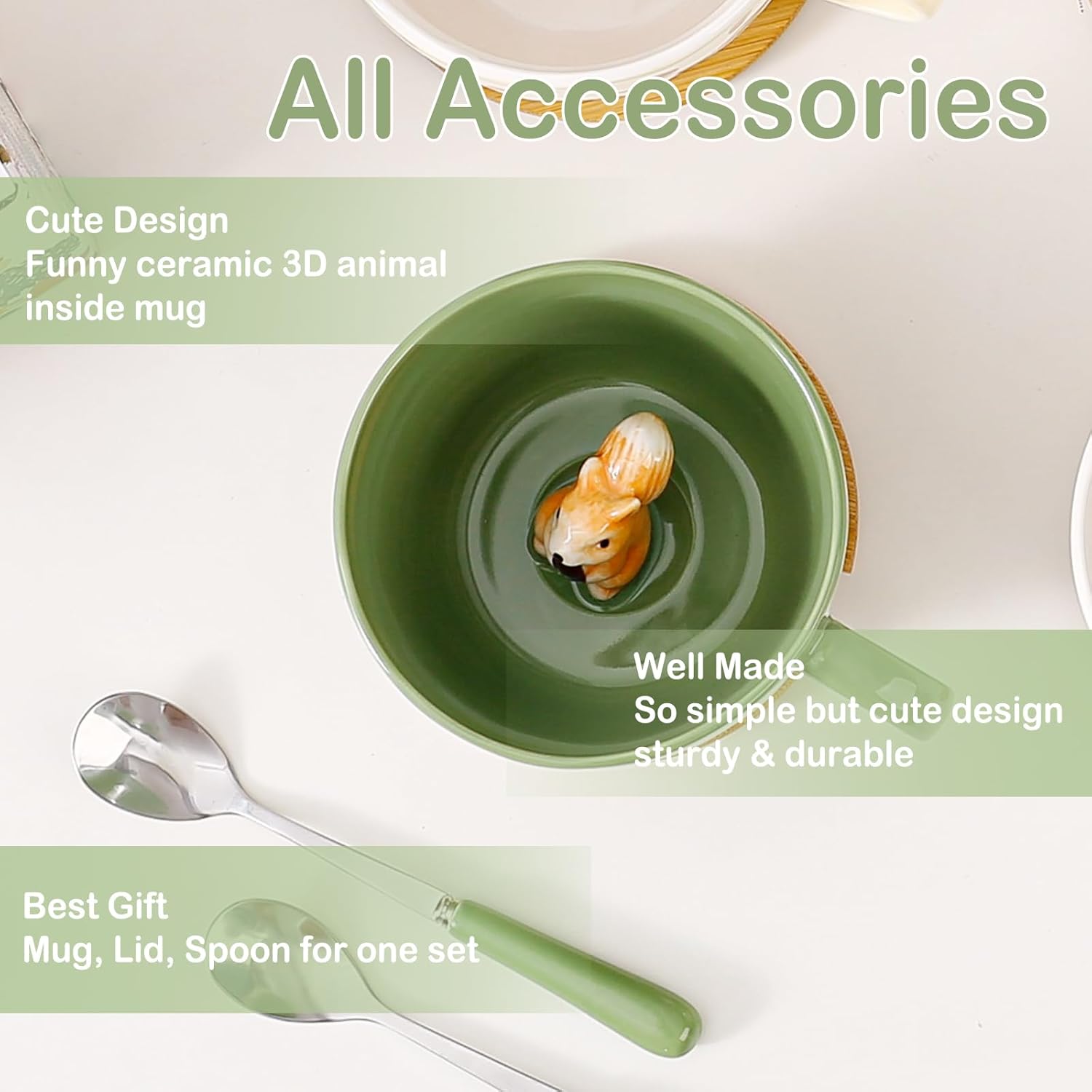 Squirrel Gifts for Women Men Cute Squirrel Ceramic Mug Hidden 3D Animal Inside Unqiue Coffee Mug Tea Cup with Lid Spoon Cool Stuff Home Decor Christmas Birthday Gifts for Her Friends Sisters Besties - Image 3