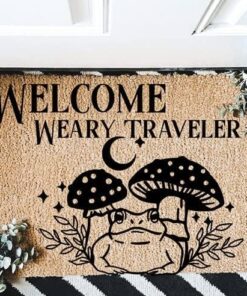 Welcome Weary Traveler Cottage Fairy Core Toad & Mushroom Leafy Doormat Funny Doormat,Housewarming Gifts Welcome Mat 16x24 Inch