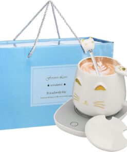 Cat Coffee Cup Warmer Coffee Warmer with Mug for Women Electric Coffee Mug Heater Temperature Control Ceramic Cute Cat Smart Coffee Warmer for Office Christmas Birthday Gift (White)