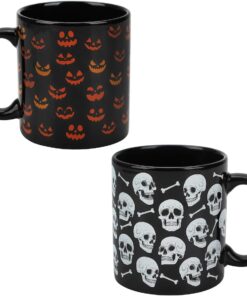 Bioworld Halloween Skulls & Jack-o'-Lantern Faces 2-Pack 16 Oz Ceramic Mugs