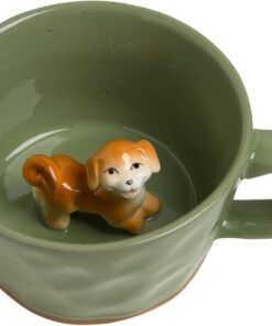 DIHOclub Farmhouse Ceramic Coffee Mug with Animal Figurine – Rustic Stoneware Cup, Matte Finish, Ideal for Breakfast & Home Decor (Green Dog)