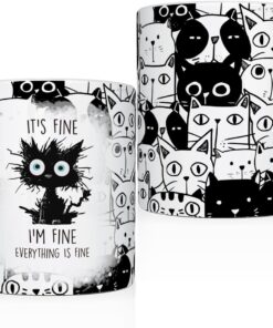 LONGXIN Cats Lover Gifts, Funny Black Cats Mug, Everything Is Fine Cat Mug, Birthday Christmas Gift for Kitty Mom, Crazy Cat Halloween Gifts, 11 Oz Coffee Cup
