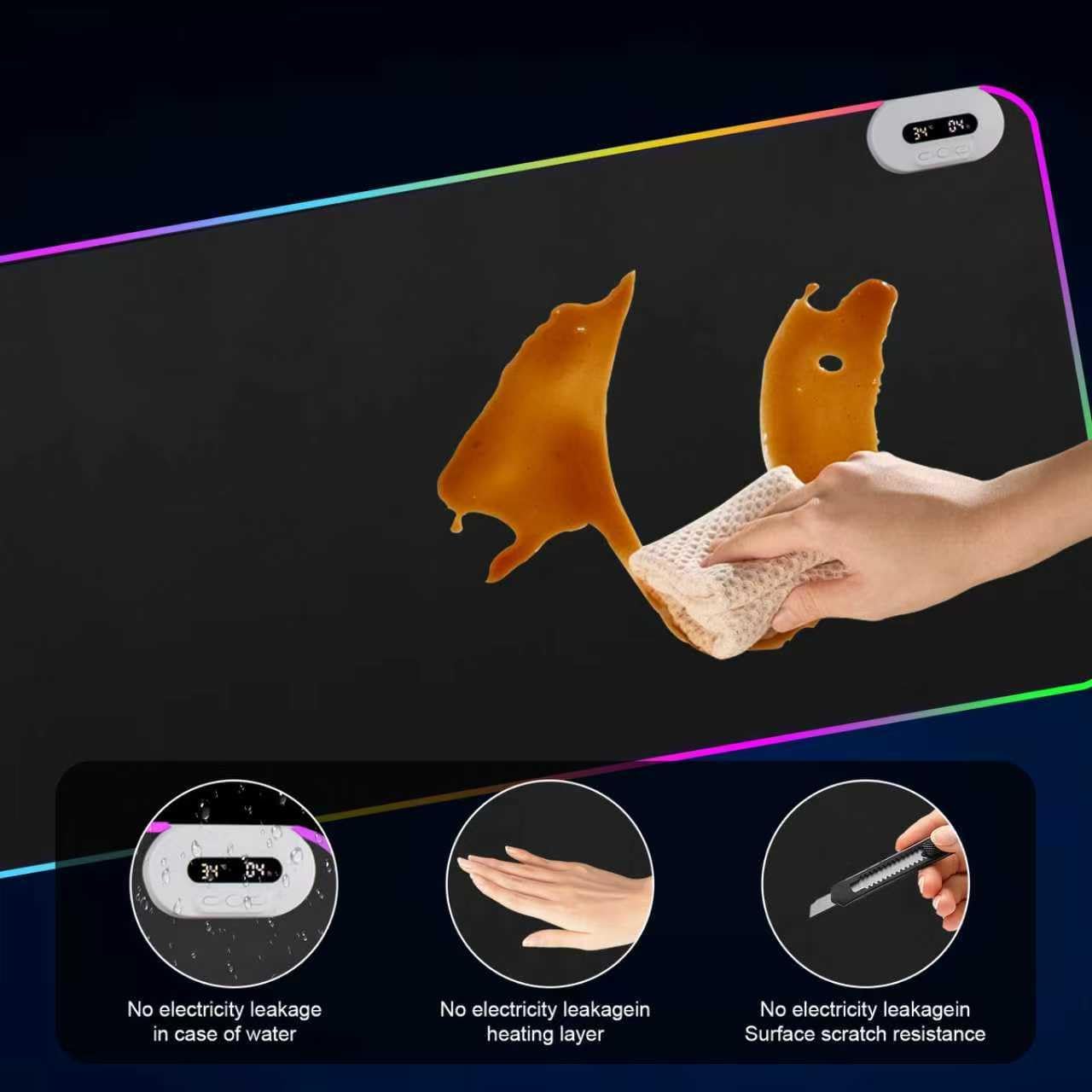 Heated Desk Pad Mouse Pad - Warm Desk Pad - 6-Level Temperature Adjustment, Smart Temperature Control & 8-Hour Timer Auto Shut-Off, LED Gaming Mouse P - Image 7