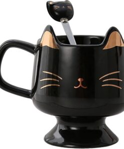 Yuwu Ceramic Coffee Mug, Cute Cat Tea Mug with Spoon, Funny Gifts for Women Girls for cat lovers (Black)