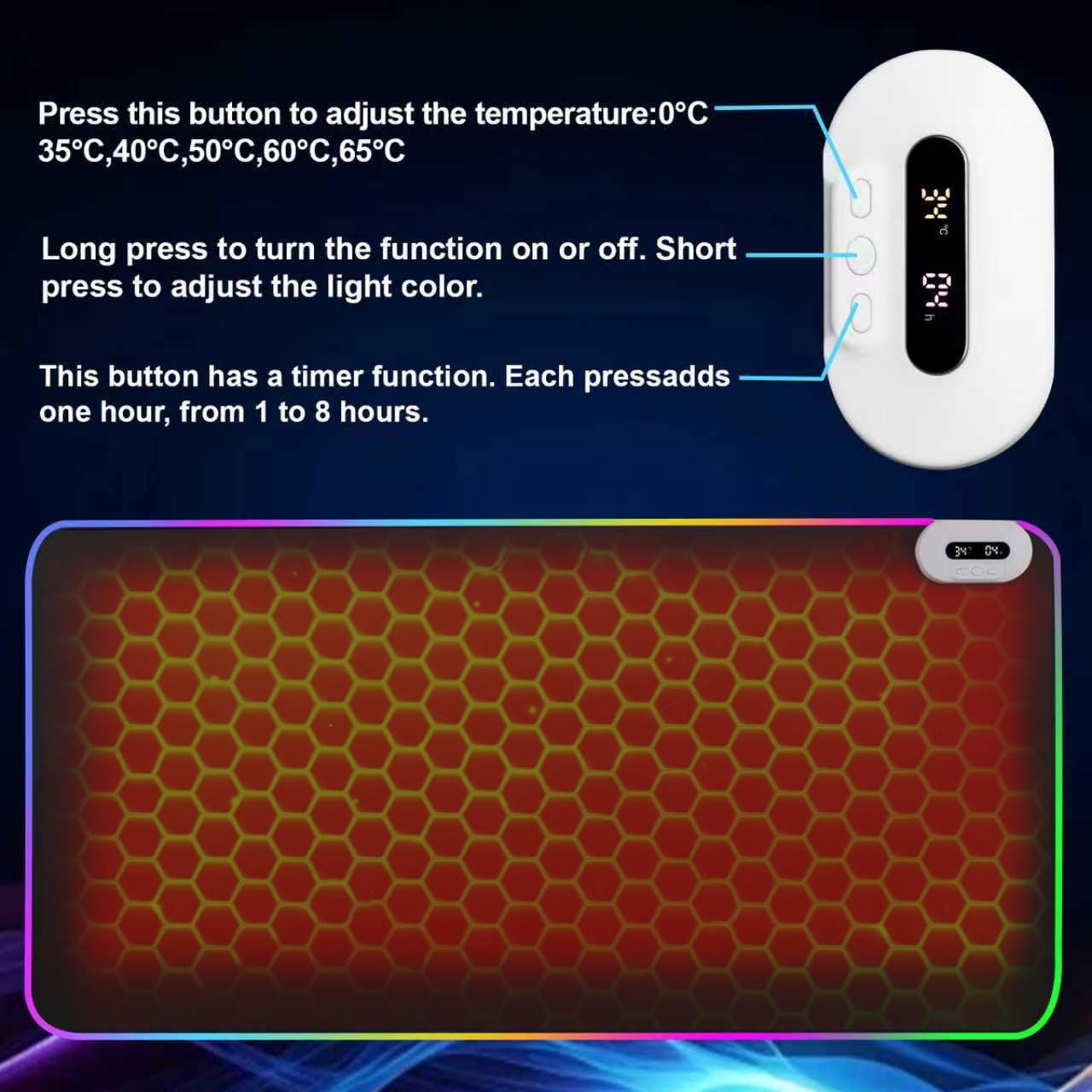 Heated Desk Pad Mouse Pad - Warm Desk Pad - 6-Level Temperature Adjustment, Smart Temperature Control & 8-Hour Timer Auto Shut-Off, LED Gaming Mouse P - Image 2
