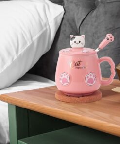 Alternative view of Bgbg Cute Cat Mug, Novelty Ceramic Coffee Tea Milk Cup with Lovely Kitty Lid, Kawaii Claw Spoon, Anime Coaster, Novelty Things Birthday Christmas Gift for Cat Lovers Women Her, 14 oz, Pink