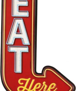 Eat Here Arrow Embossed Metal Sign - Vintage Diner Sign for Kitchen or Man Cave