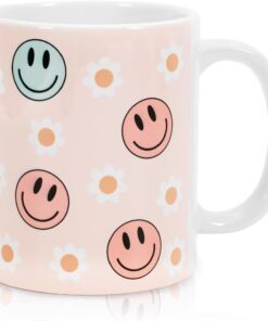 Whaline Smile Face And Flower Mug 11oz Ceramic Coffee Mug Pink Printed Drinking Milk Tea Mug Cup with Handle for Home Office Kitchen Party Supplies
