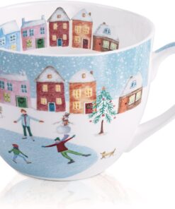 Christmas Skating Mug - 20 oz Bone China Winter Coffee Mugs with Snowy Village, Perfect Holiday and Christmas Gifts for Friends and Family - Designed in England by Harvest Green Studio