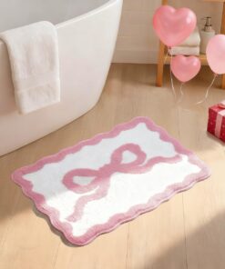ASTRAG Pink Bow Bath Mat - Scalloped Bow Bathroom Rug Coquette Room Decor Microfiber Bath Mat Water Absorbent Non Slip Shower Carpet Valentines Day Girls Bedroom Aesthetic Preppy Rug (Pink,16" x 24")