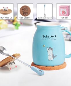 Alternative view of Cute Cat Cup Ceramic Coffee Mug with Kawaii Cat Wooden Lid, Lovely Stainless Steel Spoon, Anime Kitty Thicken Wooden Coaster, Christmas Birthday Cute Thing Japanese Mug 16oz (Blue)