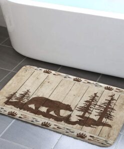 DYNH Bear Bath Mats Rugs for Bathroom, Wild Animals Rustic Cabin Forest Flannel Bathroom Floor Mat Bath Shower Rug Non Slip, Bear Print Wooden Board Doormat Mat Bathroom Accessories Decor 17x29inch