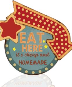 WEBEEDY Eat Here Tin Sign Vintage Wall Decor Eat Sign Kitchen Decoration Vintage Metal Tin Signs Food Truck Signs Dining Signs for Snack Bar Summer Wall Hanging Decorations Gift, 25.6x23.5cm/10.08x9.25''