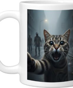 Cat Selfie Escape from Zombi Funny for Kids Teens Adult Ceramic Mug, White