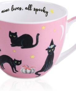 Black Cat Mugs - 20 oz Bone China Black Cat Coffee Mug with Pumpkin, Cute Spooky Holiday and Christmas Gifts for Friends and Family, Designed in England by Harvest Green Studio