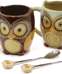 SQOWL 3D Coffee Mug Cute Set of 2 Owl Ceramic Coffee Mugs with spoons Office Tea Cups for Women Men 12 oz Cyan and Brown
