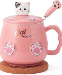 Bgbg Cute Cat Mug, Novelty Ceramic Coffee Tea Milk Cup with Lovely Kitty Lid, Kawaii Claw Spoon, Anime Coaster, Novelty Things Birthday Christmas Gift for Cat Lovers Women Her, 14 oz, Pink