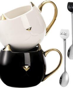 SOUJOY 2 Pack Cat Coffee Mug, 14 Oz Ceramic Cute Tea Milk Cup with Spoons for Women Girl Cat Lover, Black and White Couple Mug with Gold Metallic Finish for Valentine's Day, Birthday, Party