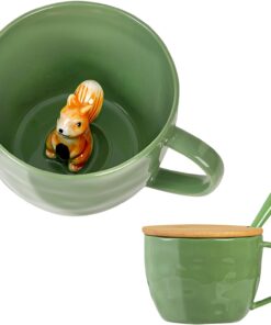 Squirrel Gifts for Women Men Cute Squirrel Ceramic Mug Hidden 3D Animal Inside Unqiue Coffee Mug Tea Cup with Lid Spoon Cool Stuff Home Decor Christmas Birthday Gifts for Her Friends Sisters Besties