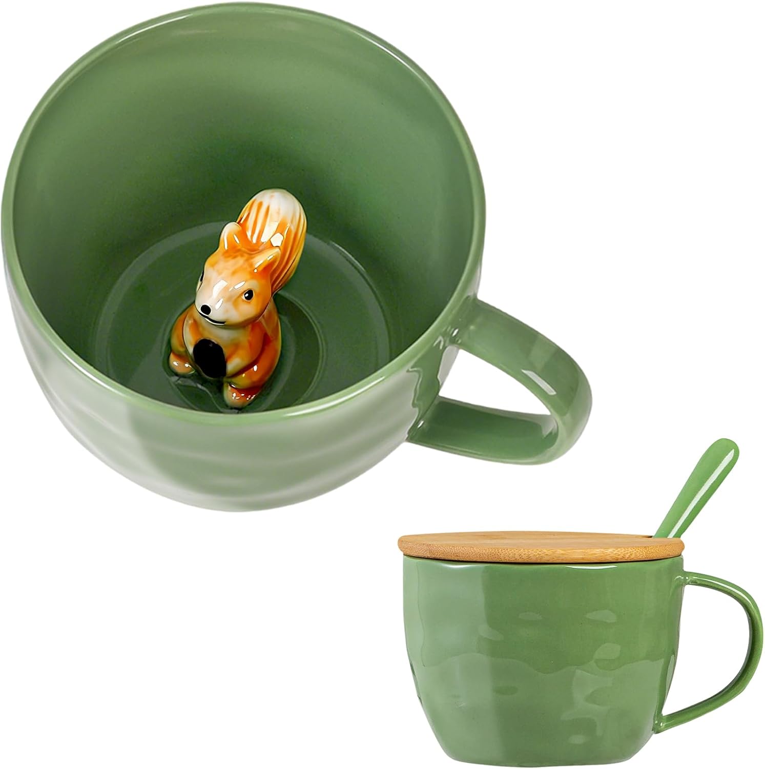 Squirrel Gifts for Women Men Cute Squirrel Ceramic Mug Hidden 3D Animal Inside Unqiue Coffee Mug Tea Cup with Lid Spoon Cool Stuff Home Decor Christmas Birthday Gifts for Her Friends Sisters Besties