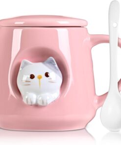 Ceramic Cute Coffee Mug, 12.8 oz Funny Coffee Mug with Lid and Spoon, Fun Gift for Women, Girls, Kids, Cat Lovers