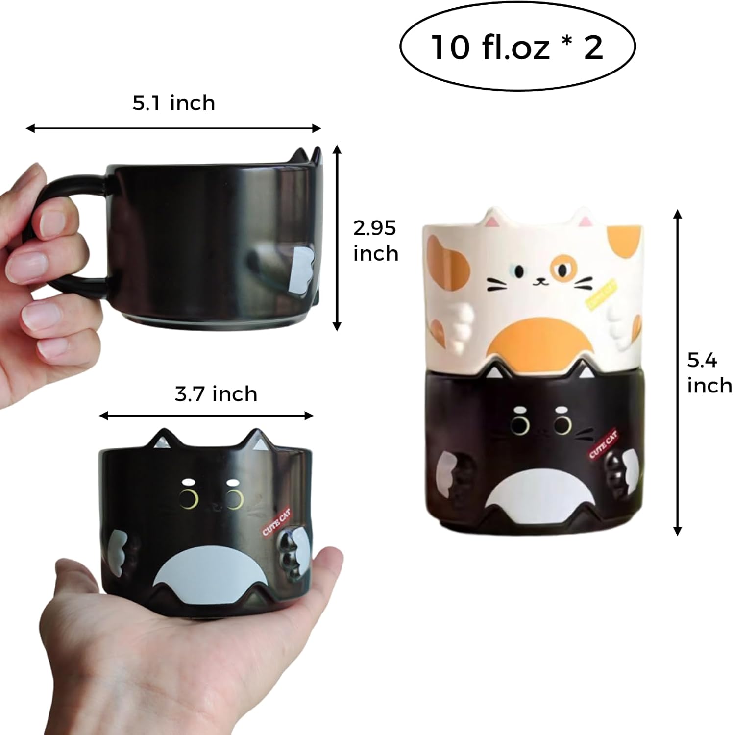 Cat Mug Set of 2, Stackable Ceramic Coffee Mugs, Perfect Gifts for Housewarming, Party, Christmas, and Cat Lovers, 10 oz, Black and White - Image 2