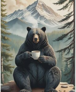 Forests Bear Tin Metal Sign Morning Brew in The Wild Wall Art Rustic Bear Coffee Cup Tin Sign for Cozy Cabin Decor Kitchen Living Room Vintage Poster Gift for Wilderness Enthusiasts 5.5x8 inch
