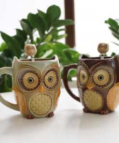 Alternative view of SQOWL 3D Coffee Mug Cute Set of 2 Owl Ceramic Coffee Mugs with spoons Office Tea Cups for Women Men 12 oz Cyan and Brown