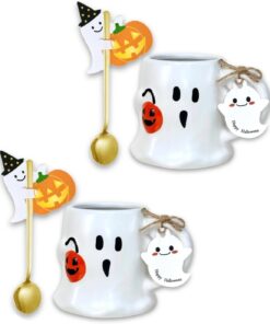 Domini 14.78 oz Halloween Ghost face Pumpkin Coffee Mug(set of 2)- Cute Ceramic Cup with spoons,Includes tags, cards,Halloween Accessories Birthday Gifts for Kids Adult (white)