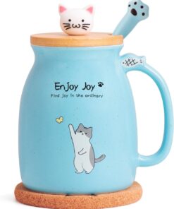 Cute Cat Cup Ceramic Coffee Mug with Kawaii Cat Wooden Lid, Lovely Stainless Steel Spoon, Anime Kitty Thicken Wooden Coaster, Christmas Birthday Cute Thing Japanese Mug 16oz (Blue)