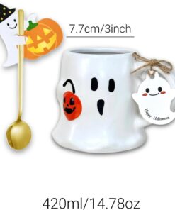 Alternative view of Domini 14.78 oz Halloween Ghost face Pumpkin Coffee Mug(set of 2)- Cute Ceramic Cup with spoons,Includes tags, cards,Halloween Accessories Birthday Gifts for Kids Adult (white)