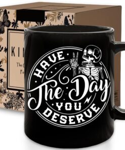 Have the Day You Deserve Mug, Funny Skeleton Ceramic Mug, Novelty Cute Skull Coffee Cup, Gothic Home Decor, Goth Kitchen Accessories, Emo Stuff, Spooky Witchy Gifts for Women, Men, Co-worker, 11oz