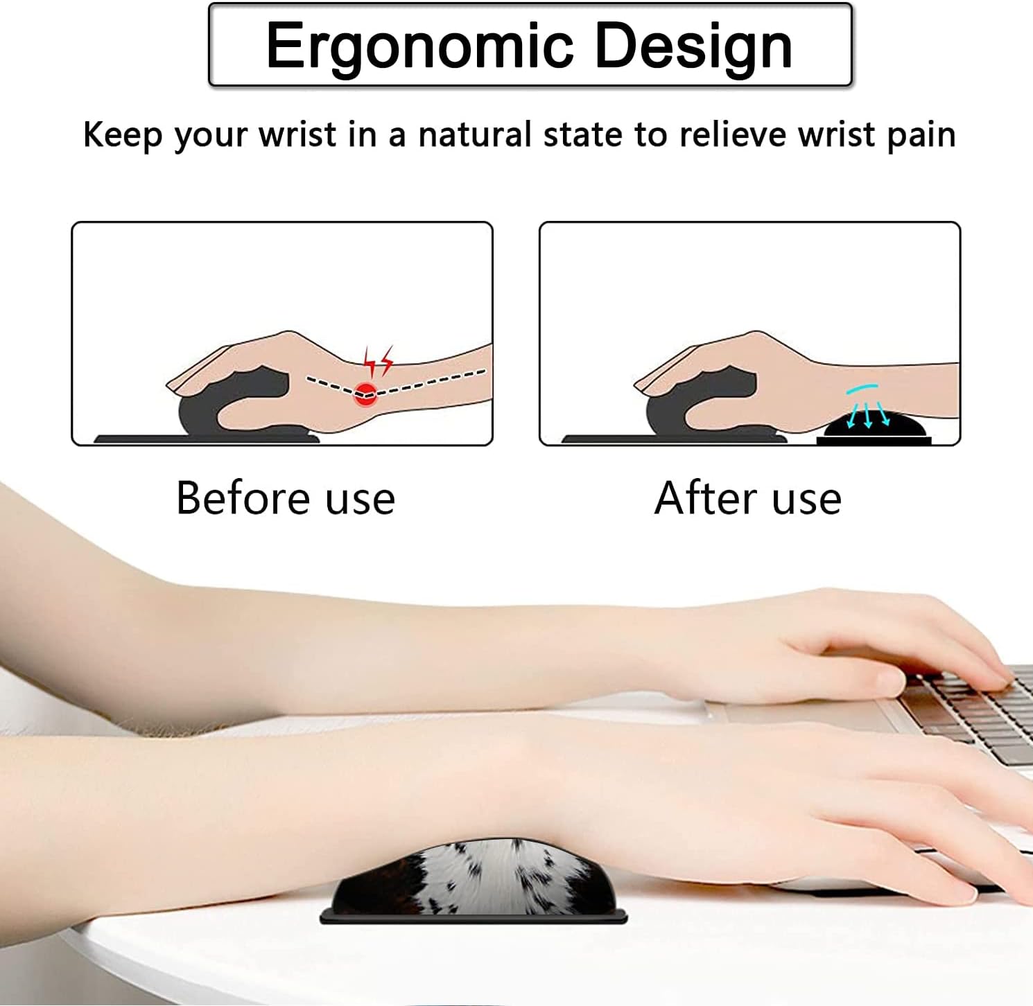 Large Gaming Mouse Pad, 31.5x11.8 in Extended Computer Mouse Mat with Non-Slip PU Base, Ergonomic Memory Foam Keyboard Wrist Rest, for Work & Gaming, Black and White Cow Fur Office Desk Pad - Image 4