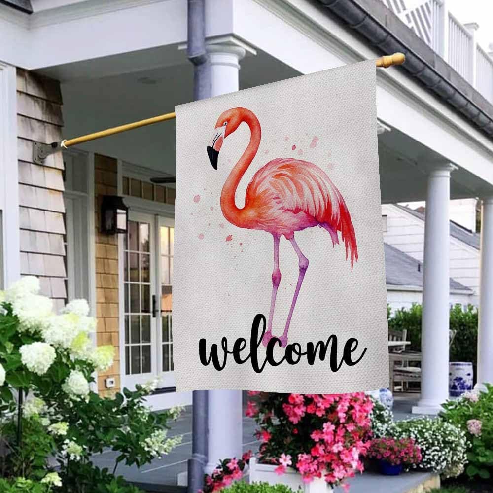 AOYEGO Welcome Flamingo House Flags 28 x 40 Double Sided Burlap Watercolor Flamingo Pink Graffiti Yard Flags Spring Summer Farmhouse Seasonal Outdoor Flag - Image 3