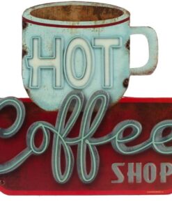 Hot Coffee Shop Embossed Metal Sign - Vintage Diner Sign for Kitchen, Office, or Coffee Bar
