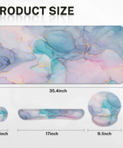 Alternative view of Arttown Pink Blue Desk Mat Marble Mouse Pad Set 4 in 1 Purple Gold Gradient Ergonomic Design Large Desk Pad + Keyboard Wrist Rest + Mouse Wrist Rest + Coaster Suitable for Home Office Study Game